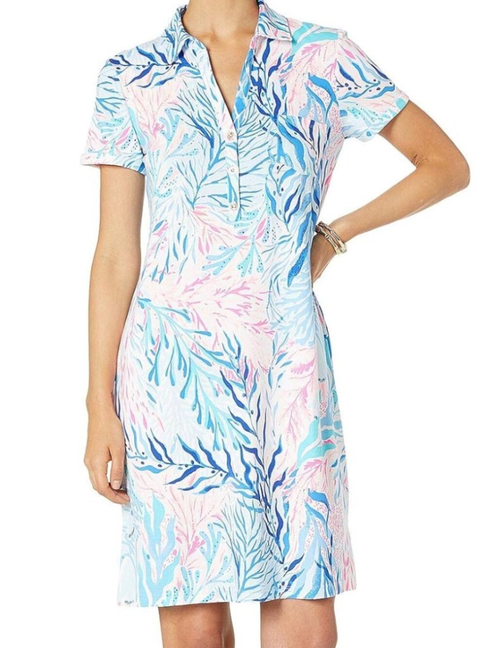 Lilly Pulitzer UPF 50+ Sadie Polo Dress Crew Blue Kaleidoscope Coral size L mini